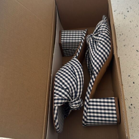 J. Crew Navy Gingham Knot Sandals Printed Mid Block Heel Women’s Size 10 EUC - Picture 10 of 14